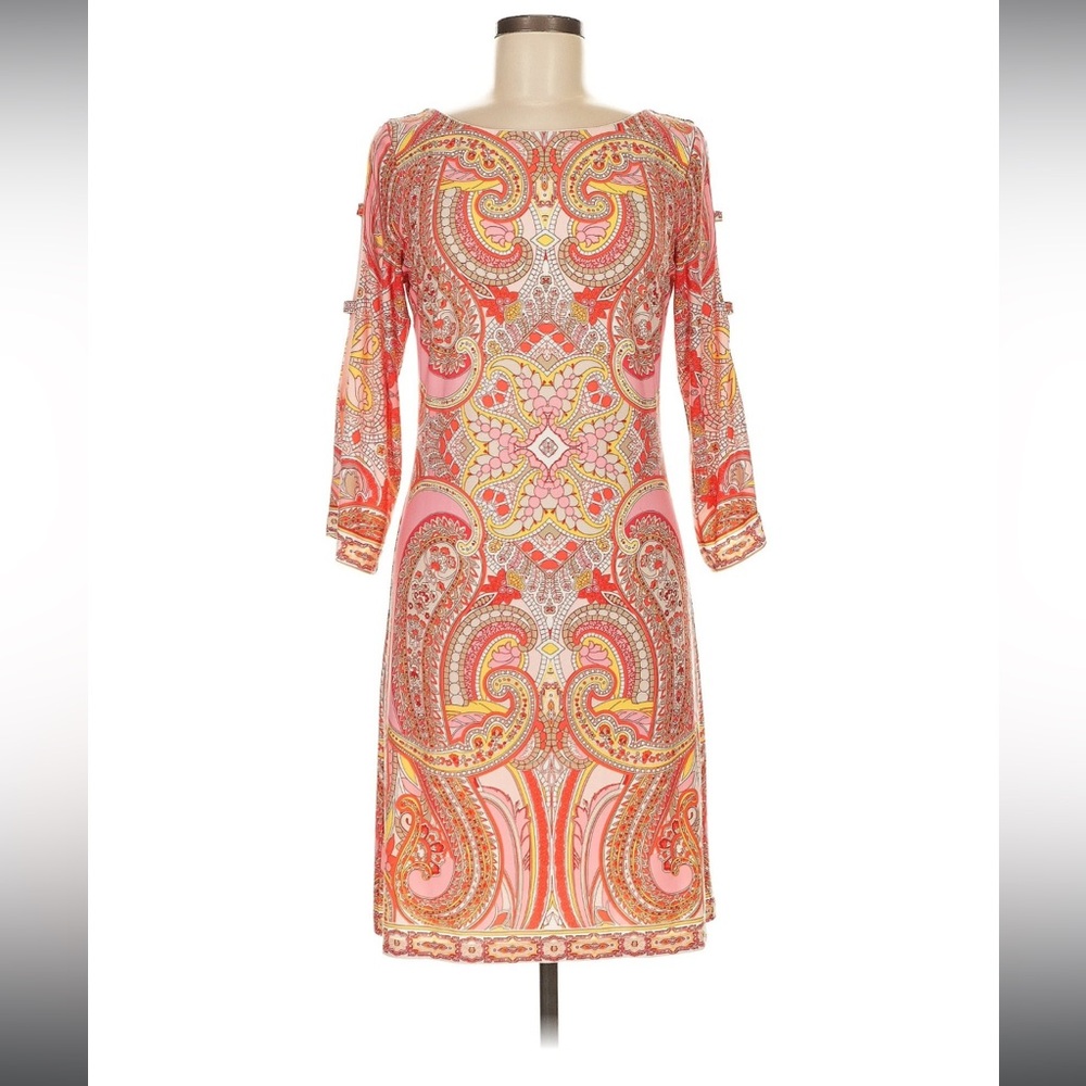 Sandra Darren Sz.8 Boho Long Sleeve Dress - Pink and Orange Paisley NWOT
